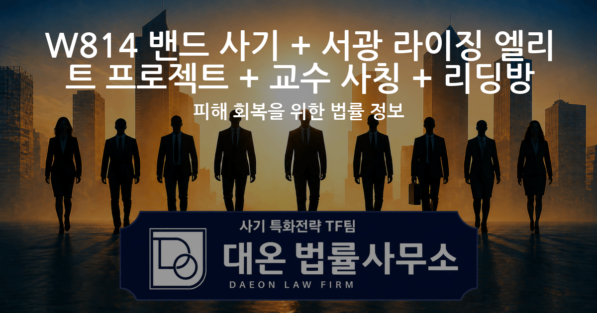 W814 밴드 사기 + 서광 라이징 엘리트 프로젝트 + 교수 사칭 + 리딩방 피해 회복을 위한 법률 정보 이미지
